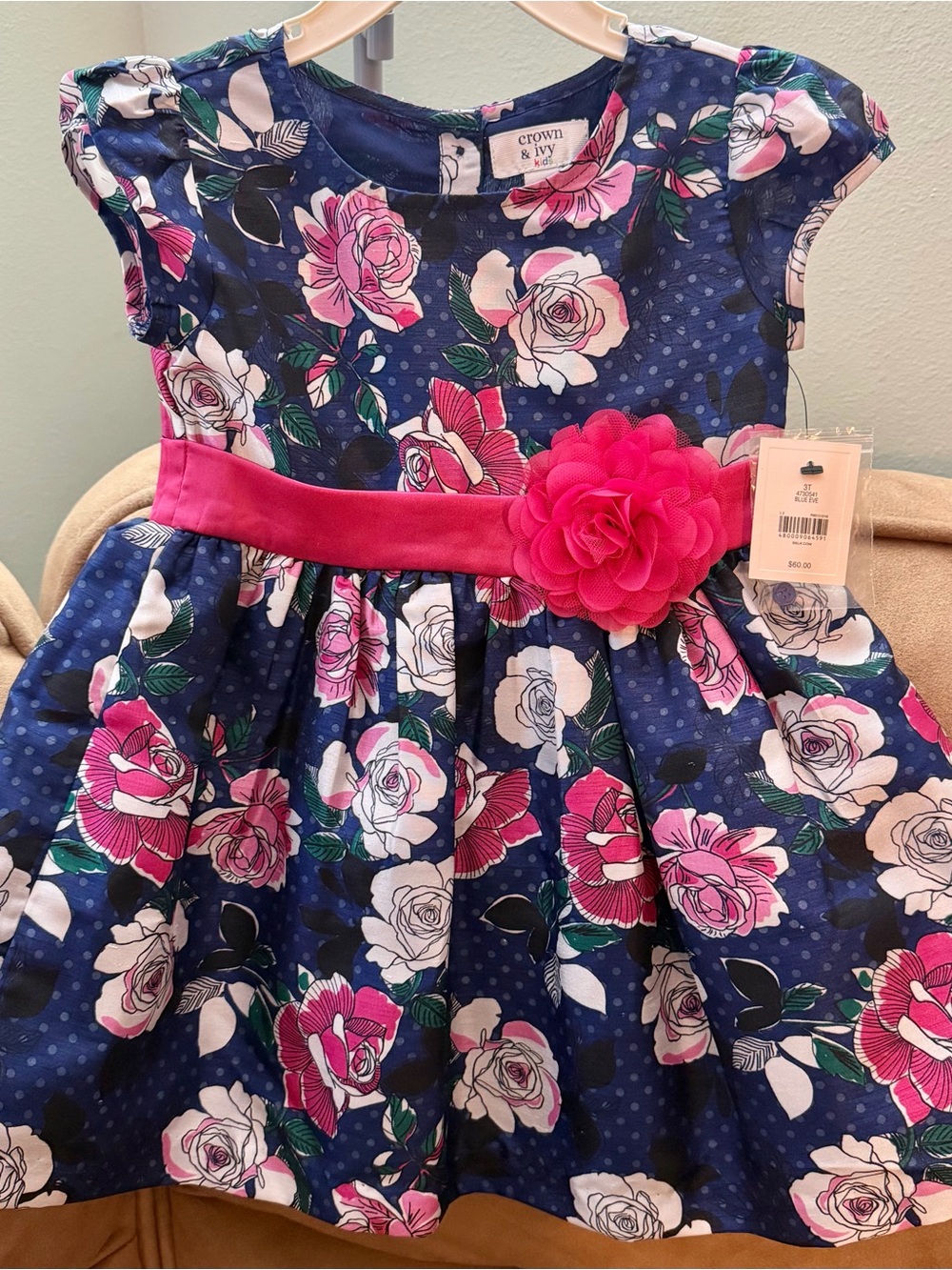 NWT Crown & Ivy Kids Navy Pink Floral Dress Detachable Flower Size 3T